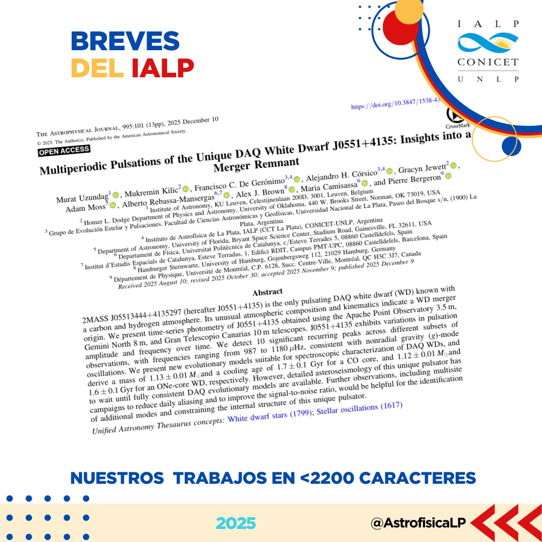 Un equipo internacional que incluye a F. De Gerónimo y A. Córsico, inv. del IALP, analizó observaciones de 2MASS J05513444+4135297, la única enana blanca conocida que presenta dos peculiaridades simultáneas: pulsa y su atmósfera contiene H y C. 

#IALP