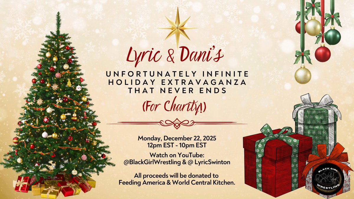 LyricWrestling's tweet image. Today’s the day! In less than 3 hours, @BlkGrlWrestling &amp;amp; I will go live at noon for 10 HOURS to raise money for Feeding America &amp;amp; World Central Kitchen.

Over $550 has been raised so far. Let’s keep it going 🎁 

Watch: youtube.com/live/7nDyqL2y4…

Donate: pledge.to/bgw-holiday-20…