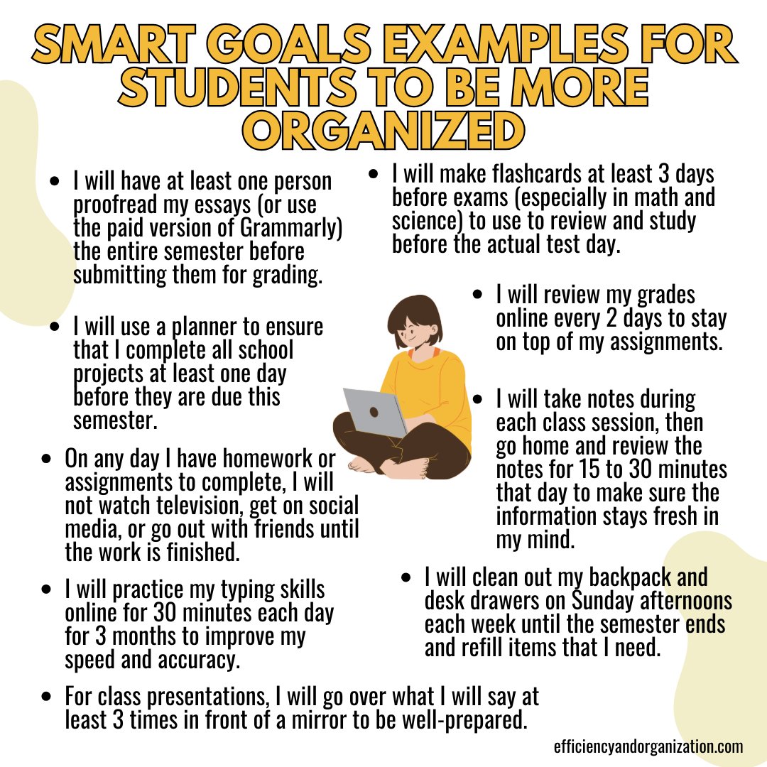 DrRHernandez's tweet image. Get 15 SMART goals for #students to choose from to be more organized, efficient, #productive, and successful this upcoming semester.  Here is the link to the article:

efficiencyandorganization.com/f/15-smart-goa…
