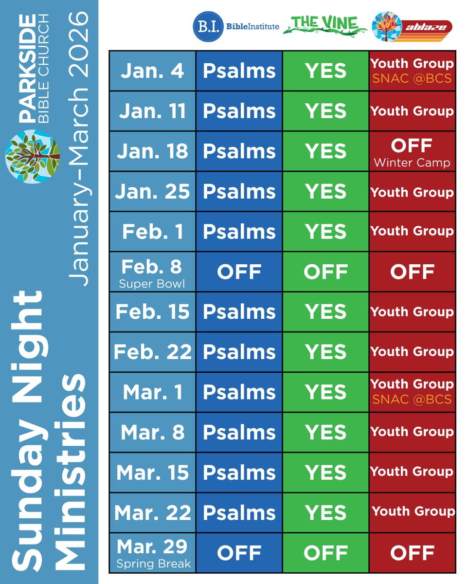 It’s not too late to register for the upcoming session of BI! This semester, we are exploring Psalms, guiding you to see God more clearly &amp; how to interact with Him as a result. Visit parkside.org to register for BI, &amp; don’t forget to register your kids for The Vine!
