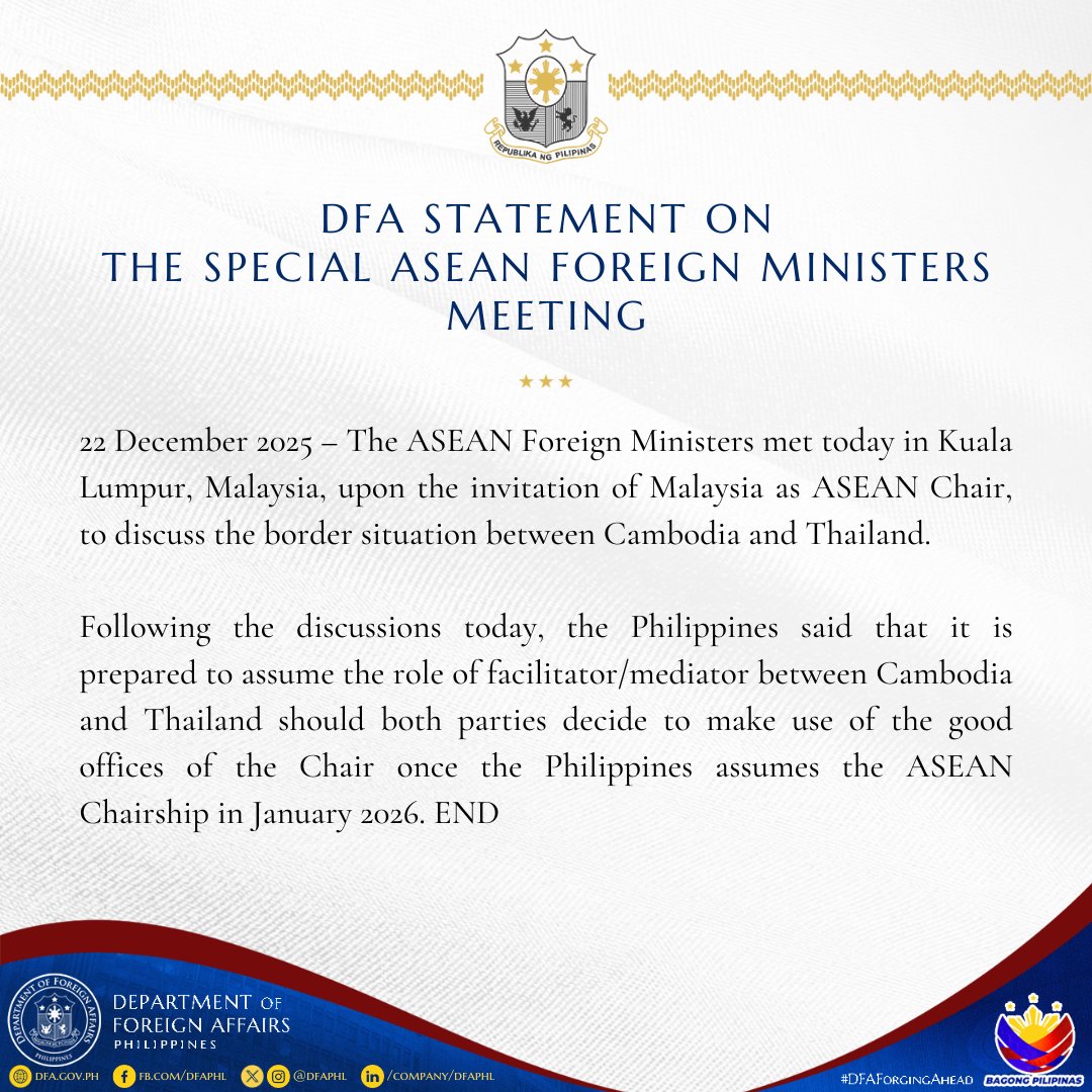 READ #DFAStatement: DFA Statement on the Special ASEAN Foreign Ministers Meeting

Also found in this link 👉🏻 tinyurl.com/5x8juz7z
#DFAForgingAhead
<a href="/SecLazaro/">Ma. Theresa P. Lazaro</a>