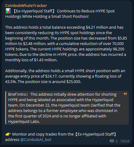 Coinbob_ai's tweet photo. 📊 Ex-Hyperliquid staff keeps dumping $HYPE!Monthly loss: $1.43M due to price drop.

This address sold 70K+ $HYPE this month
Still holds a 1000 $HYPE short position

Team confirmed: Address belongs to a former employee fired in Q1 2024

https://t.co/YjhTjfUQiM https://t.co/YP8i7Yd0Gu
