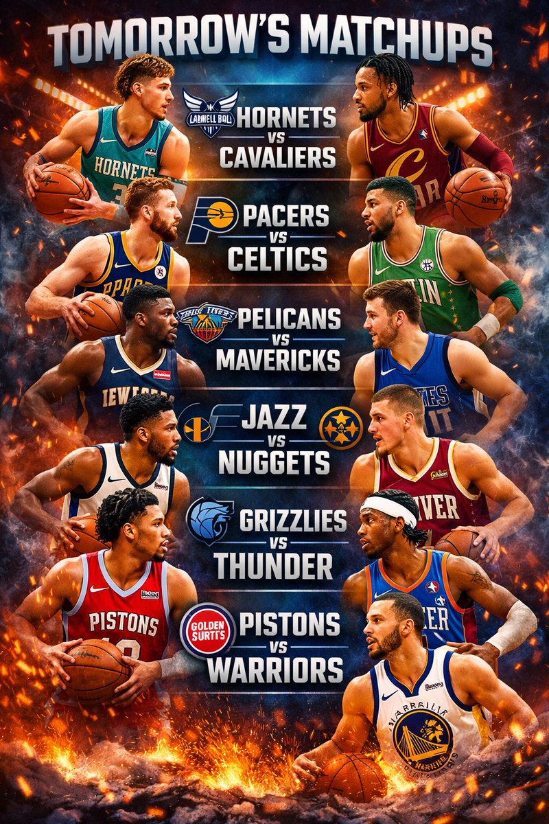 Ready for tomorrow's NBA action? 🏀

🔹 CHA vs CLE
🔹 IND vs BOS
🔹 NOP vs DAL
🔹 UTA vs DEN
🔹 MEM vs OKC
🔹 DET vs GSW
Which game are you most excited to watch? 👇

#NBA #Basketball #NBASchedule #HoopX #Hornets #Cavaliers #Pacers #Celtics #Pelicans #Mavericks #Polymarket #Jazz