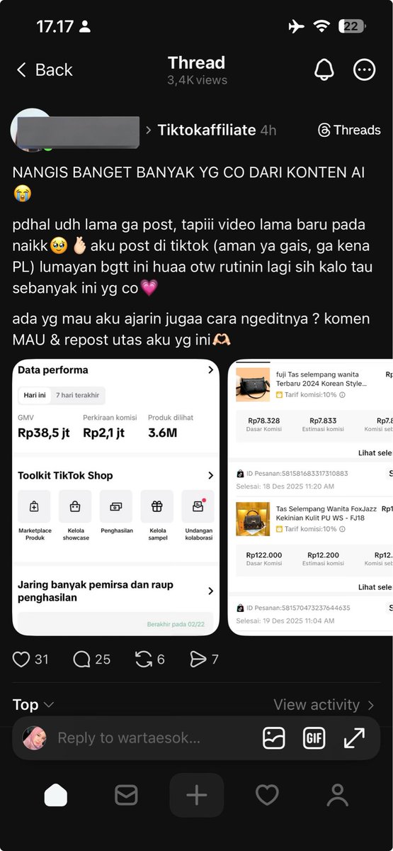 Jujur sbg content creator liat postingan ini rasanya marah banget,
Kita capek2 ngedit, take foto video, wording dll tp pas upload di tiktok malah flop.
Giliran video AI gini fyp dan rame 💔
Tau sih, rejeki orang beda2. Tp maksudku, kenapa tiktok algoritmanya gaje bgt😭
