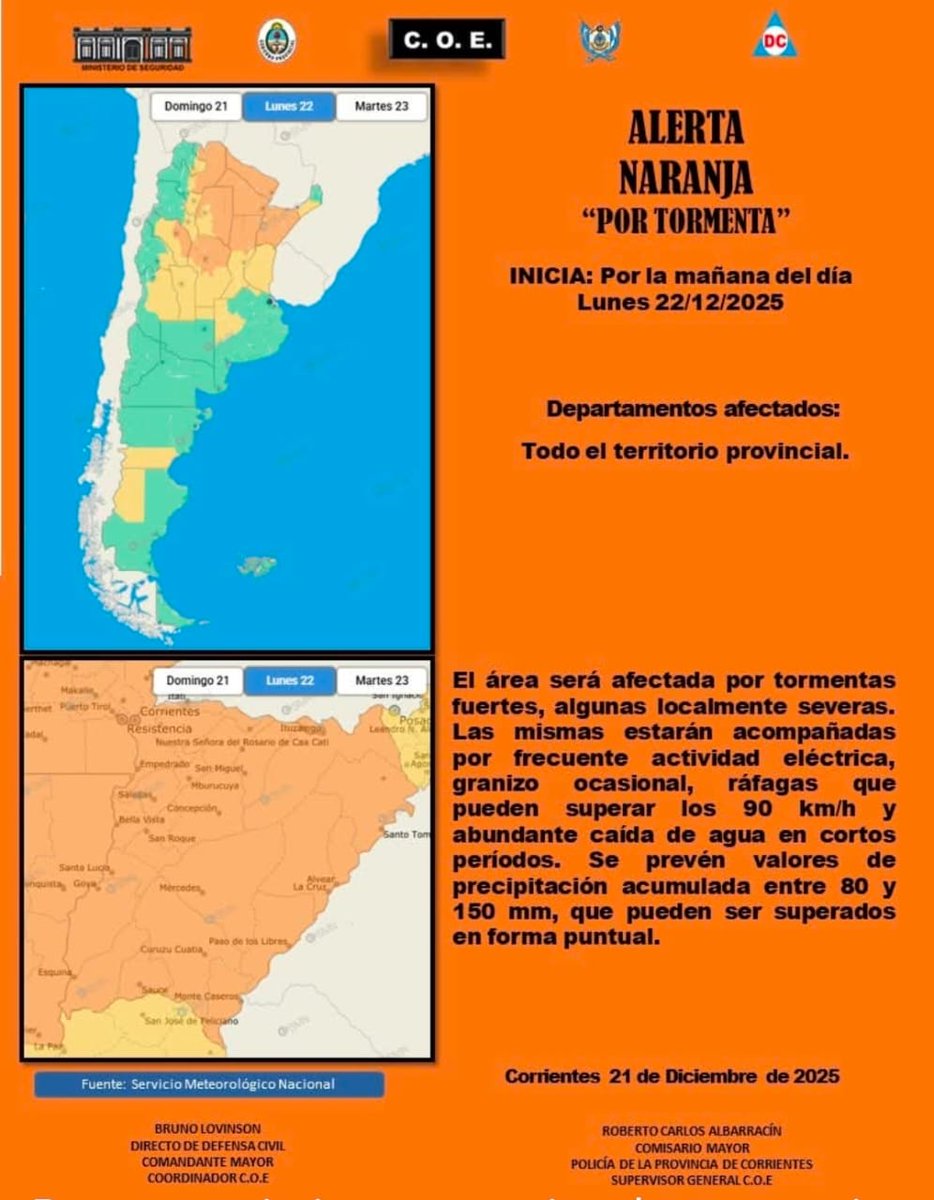 El Comité Operativo de Emergencias (COE)  del Gobierno de Corrientes, emitió un Alerta Naranja “por tormenta” para la mañana de este lunes.
Se pronostican valores de precipitación acumulada entre 80 y 150 milímetros, que pueden ser superados en forma puntual.