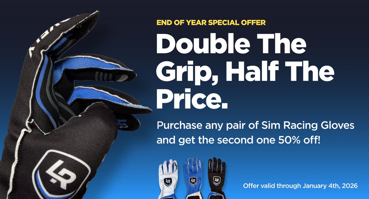 Double the grip, half the price!
Tis' the season to be jolly, tra-la-la-la-laaaa... and here's another reason to love the season. 
Purchase any pair of Sim Racing Gloves and get the second one 50% off! Grip the advantage while supplies last.
👉 store.lsr.gg/collections/si…