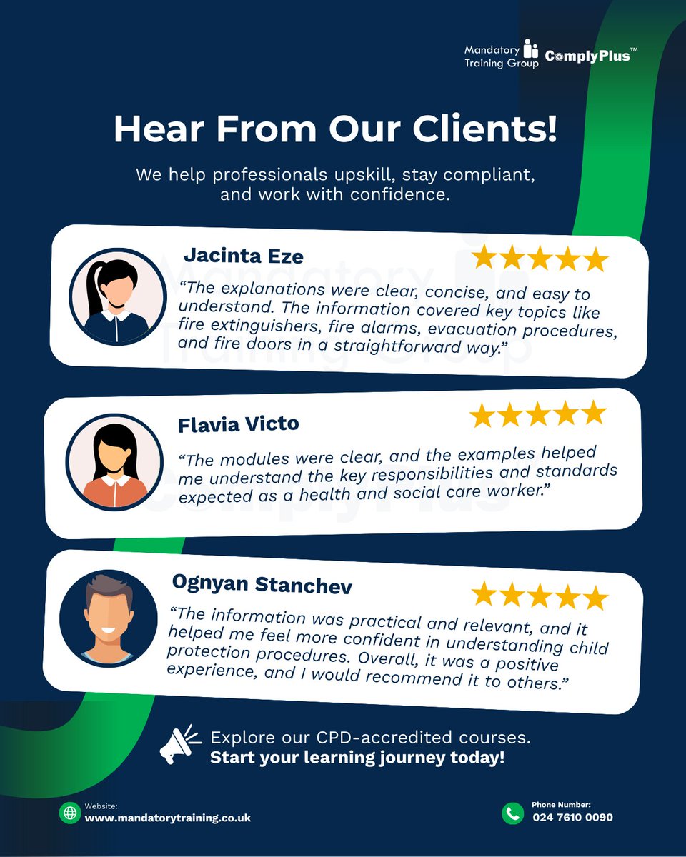 MandTrainUK's tweet image. Trusted by professionals. Proven by experience. 📘✅🚀 

Enhance your skills, stay compliant, and boost your confidence with our CPD-accredited courses. Join thousands today! 

👉 60% off all online courses!

#CPDUKAccredited #ProfessionalTraining #UpskillWithConfidence