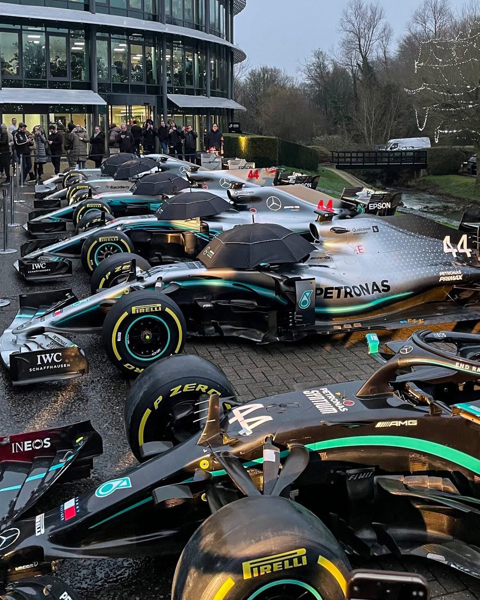 autosport's tweet image. When Mercedes displayed all of Lewis Hamilton's championship-winning cars outside Brackley for his farewell ❤️🏆