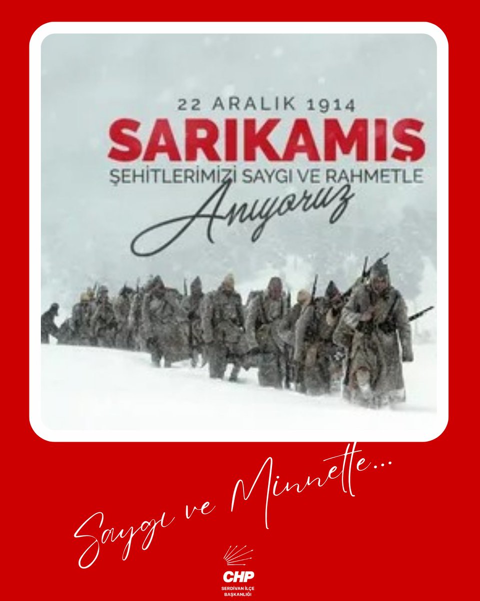 Sarıkamış Harekatı’nın 111. yıl dönümünde, tarihin en uzun ve en soğuk gününde vatan için canlarını ortaya koyan şehitlerimizi rahmet ve minnetle anıyoruz.

Ruhları şad, mekanları cennet olsun.