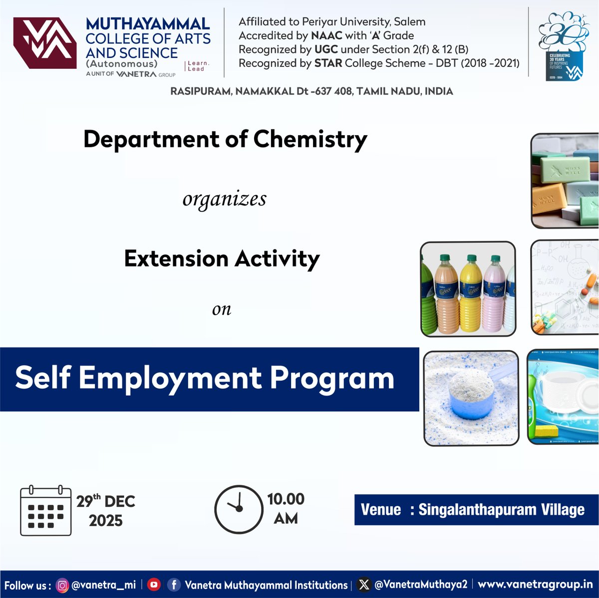 VanetraMuthaya2's tweet image. 🧪 Self Employment Program
Dept. of Chemistry, MCAS organizes an Extension Activity to promote skills and self-reliance in the community.
🗓️29.12.25 |⏰10.00AM
📍Singalanthapuram Village
#SelfEmployment #ExtensionActivity #SkillDevelopment #CommunityEngagement #MCAS #VanetraGroup