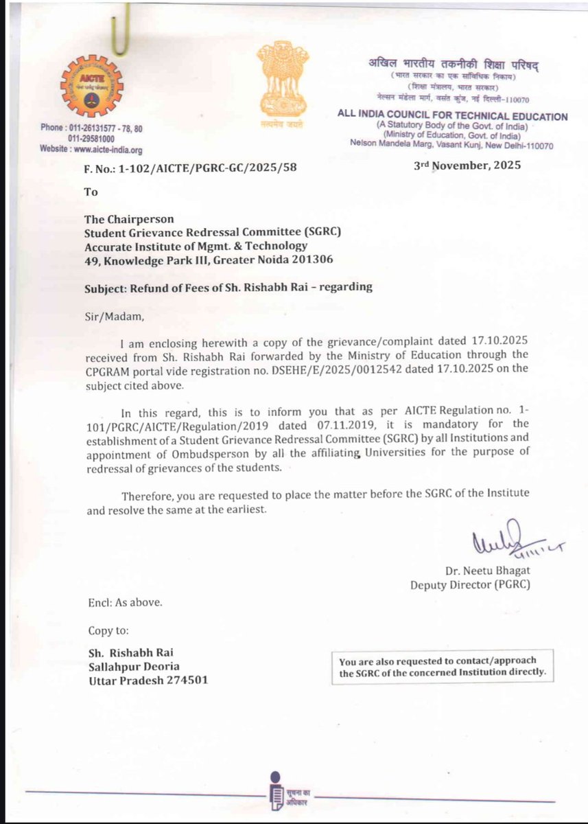 rishabhrai32763's tweet photo. @AKTU_Lucknow @AICTE_INDIA @ugc_india @EduMinOfIndia

I cancelled my admission at Accurate Institute of Management and Technology on 23 August, but my fee ₹1,10,000 has still not been refunded.

Complaints filed on CPGRAMS &amp; Consumer Helpline, yet no action.

Resolve this issue https://t.co/4M5U3THq7p