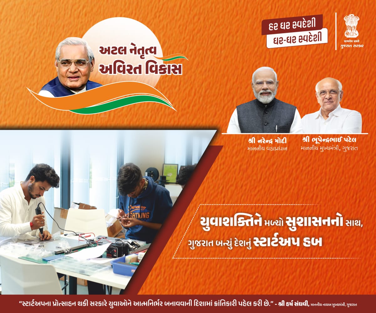 સુશાસનના સહયોગથી યુવાશક્તિને મળી નવી દિશા...

મુખ્યમંત્રી શ્રી ભૂપેન્દ્રભાઈ પટેલના નેતૃત્વમાં ગુજરાત બન્યું દેશનું સ્ટાર્ટઅપ હબ...

#GoodGovernanceGuj
#GoodGovernanceDAH