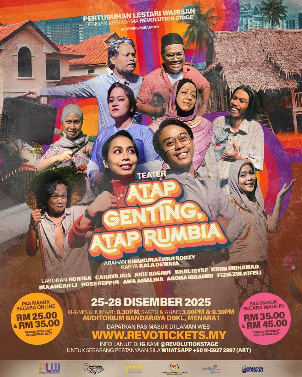 RevolutionStage's tweet image. Pejam, celik, pejam, celik, MINGGU INI Teater Atap Genting, Atap Rumbia bakal dipentaskan! Jangan tunggu lama-lama. Dapatkan Pas Masuk sekarang, kita enjoy teater penutup 2025 minggu ini bersama-sama! ✨

Tempah Pas Masuk Awal Online di revotickets.my !