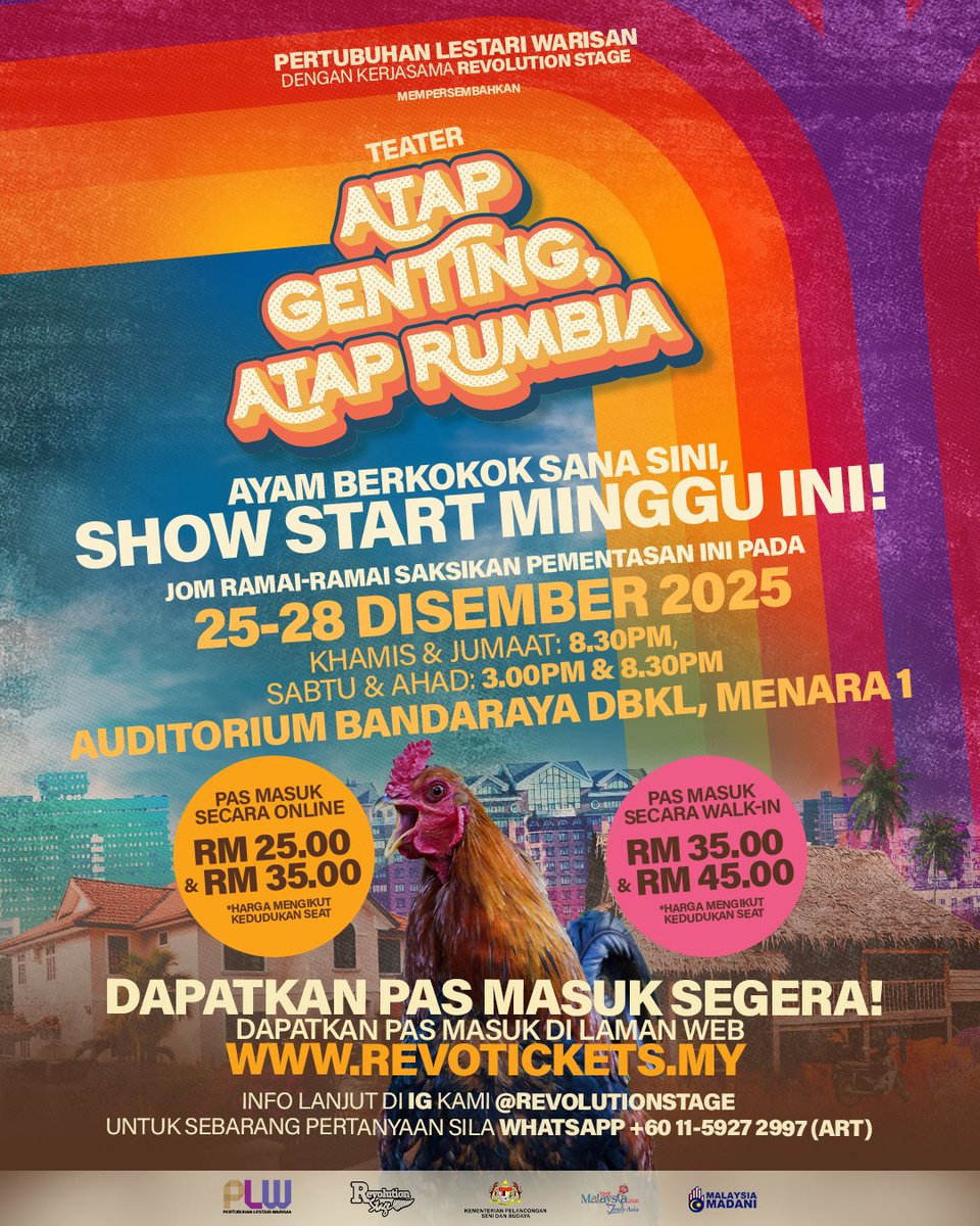 RevolutionStage's tweet image. Pejam, celik, pejam, celik, MINGGU INI Teater Atap Genting, Atap Rumbia bakal dipentaskan! Jangan tunggu lama-lama. Dapatkan Pas Masuk sekarang, kita enjoy teater penutup 2025 minggu ini bersama-sama! ✨

Tempah Pas Masuk Awal Online di revotickets.my !