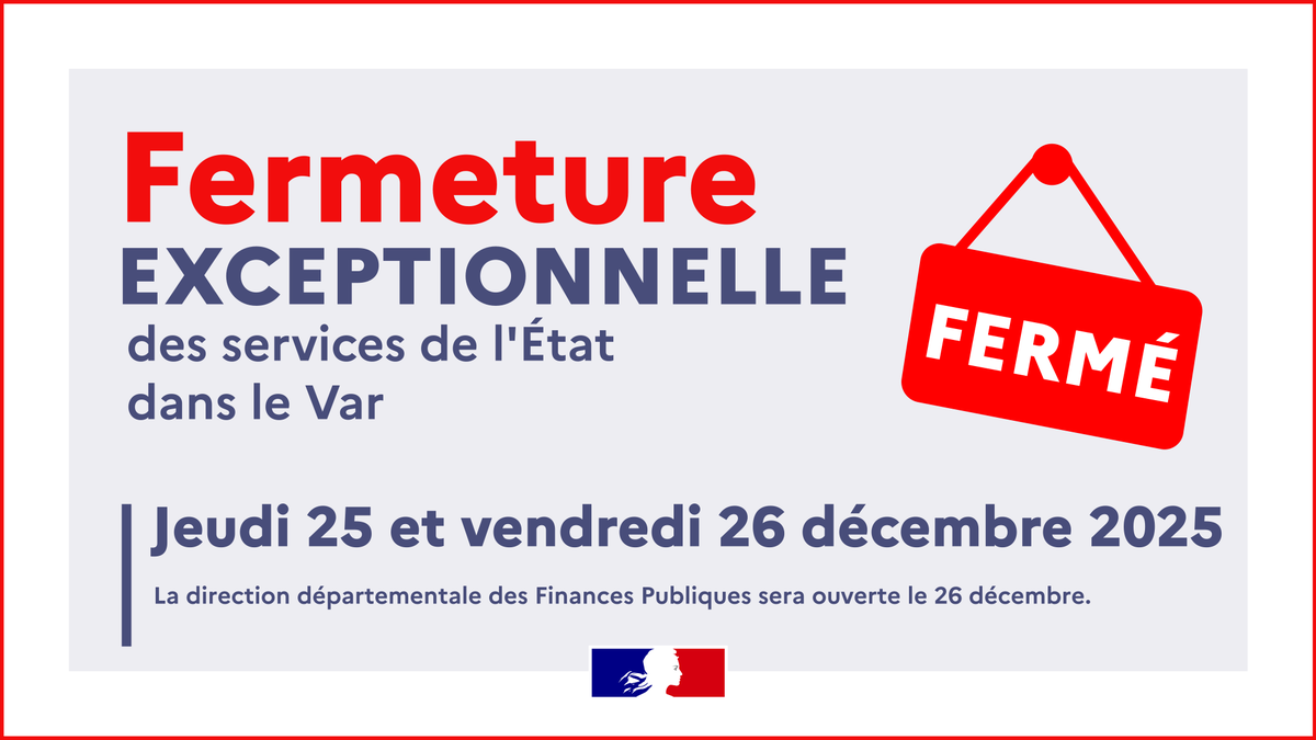 Prefet83's tweet image. #Fermeture | 📢  Jeudi 25 et vendredi 26 décembre, la préfecture du #Var, les sous-préfectures de Brignoles et de Draguignan et les directions départementales interministérielles seront exceptionnellement fermées au public. 
La direction départementale des Finances Publiques