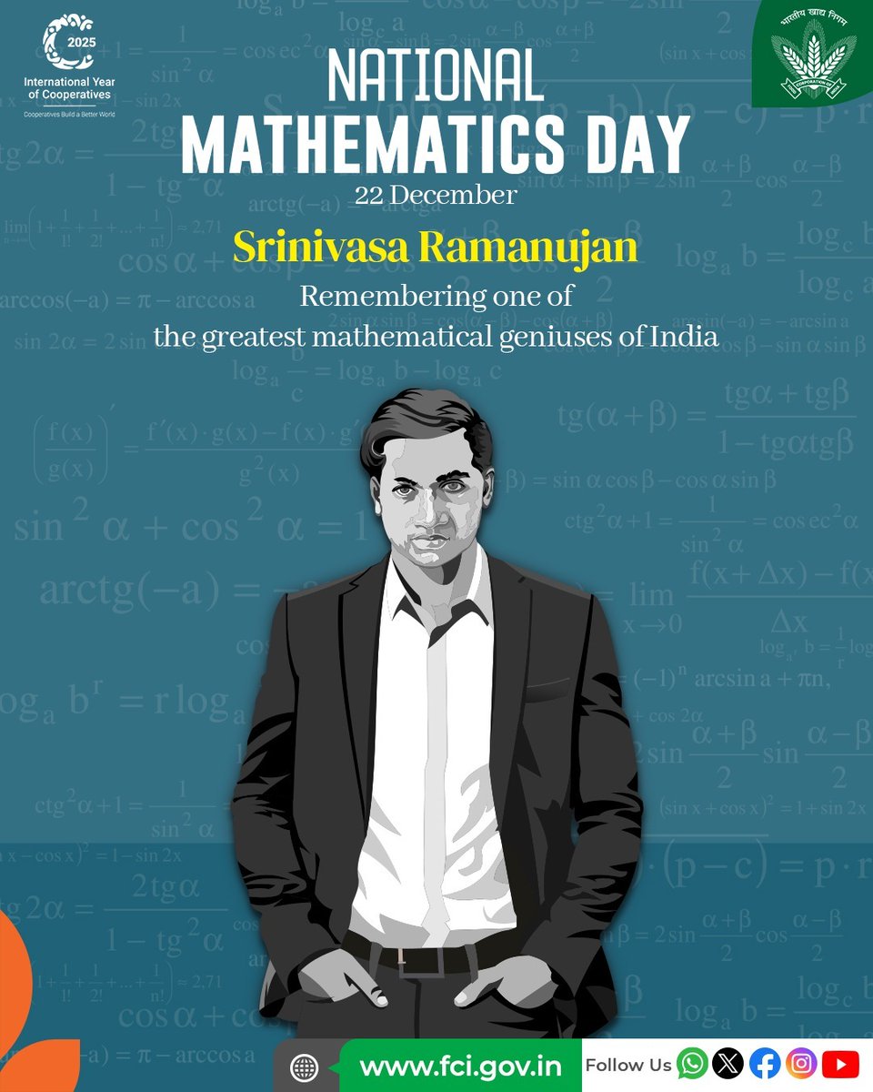 On the birth anniversary of Srinivasa Ramanujan, we observe National Mathematics Day and celebrate the power of mathematics that enables FCI to manage its operations efficiently at such a large scale.

#NationalMathematicsDay #SrinivasaRamanujan
