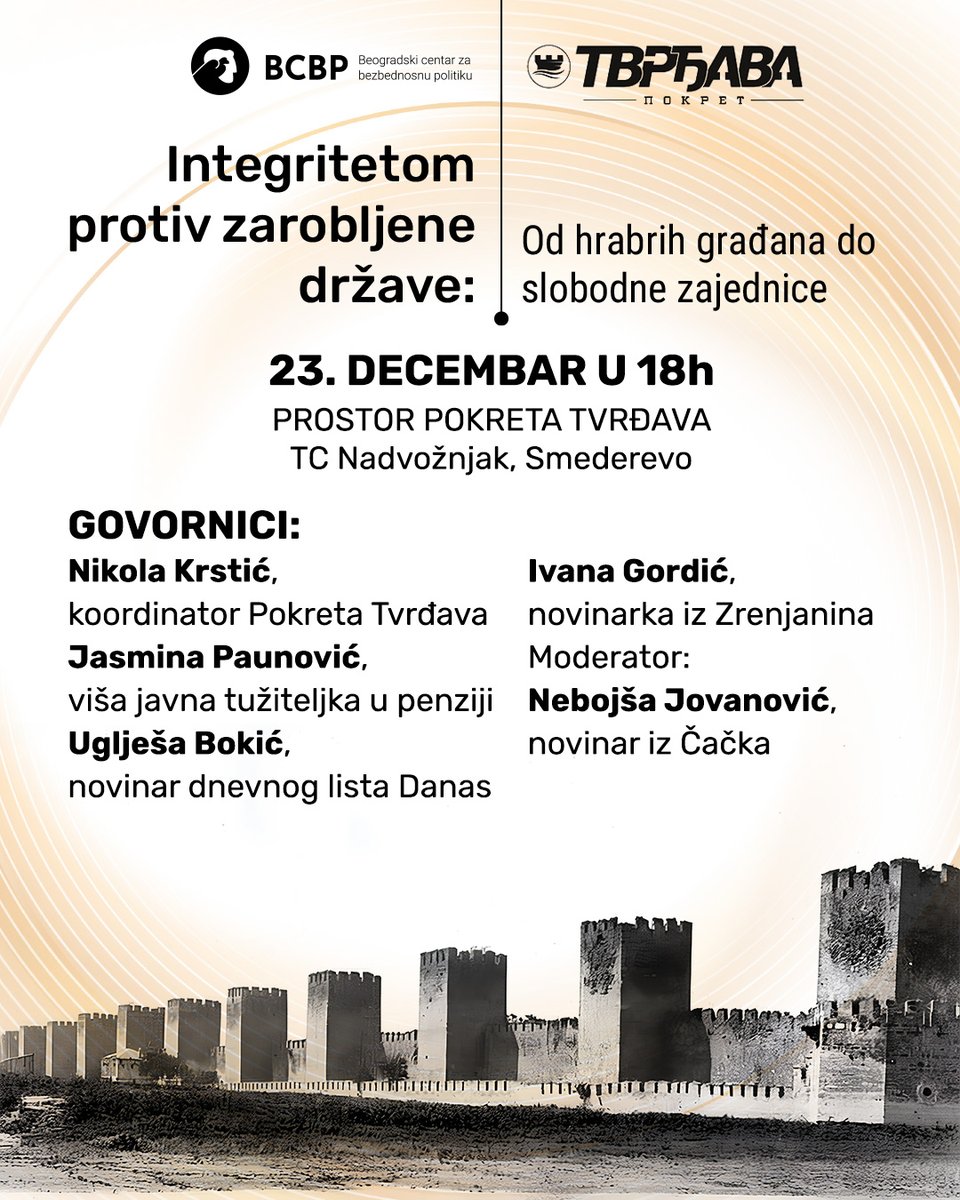 Vidimo se sutra u Smederevu!

Članovi Mreže integriteta govoriće o zloupotrebi institucija, pritiscima na one koji traže odgovornost i o tome kako se lični i profesionalni integritet brani hrabrošću, solidarnošću i zajedničkom borbom za slobodu i pravdu. 
bezbednost.org/najava/integri…
