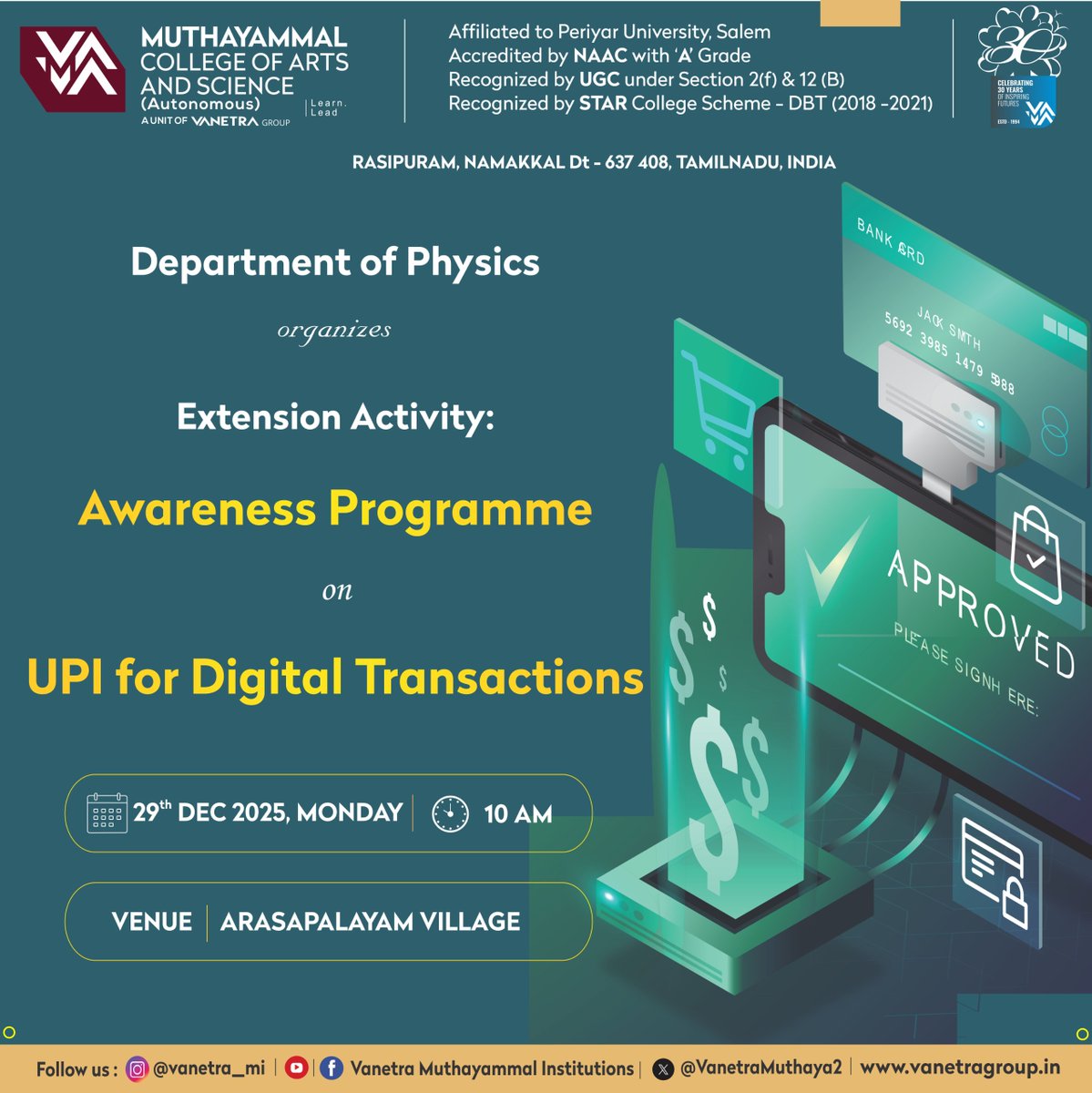 VanetraMuthaya2's tweet photo. π² UPI Awareness Programme
Department of Physics, MCAS conducts an Extension Activity to promote safe and easy digital transactions.
ποΈ 29 Dec 2025 | β° 10 AM
π Arasapalayam Village
#UPI #DigitalPayments #FinancialLiteracy #ExtensionActivity #DigitalIndia #MCAS #VanetraGroup https://t.co/sf0yQOmrX5