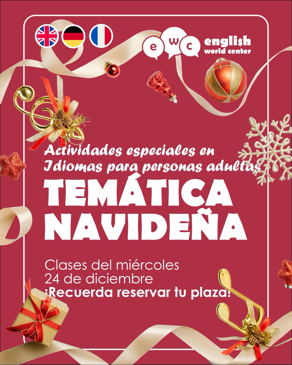 🎄✨ Este 24 de diciembre en EWC tendremos actividades especiales de idiomas para personas adultas con temática navideña.
Inglés, alemán y francés en una clase dinámica y festiva.

👉 Recuerda reservar tu plaza.

#EWC #IdiomasParaPersonasAdultas #NavidadEWC #ClasesEspeciales 🎁🌍