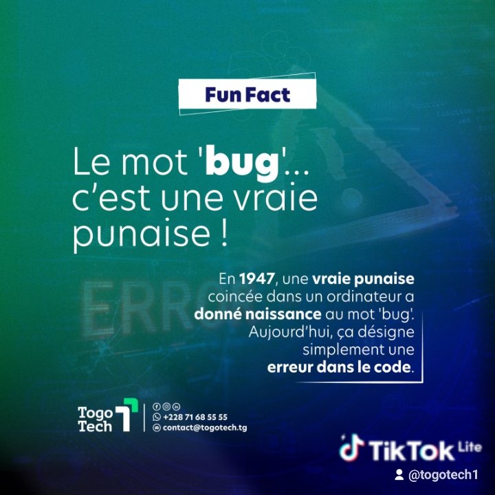 𝑳𝒆 𝒔𝒂𝒗𝒊𝒆𝒛-𝒗𝒐𝒖𝒔 ? 
Une simple punaise a donné naissance au mot "𝑩𝒖𝒈" en informatique !
Un clin d'œil de 𝐓𝐨𝐠𝐨𝐓𝐞𝐜𝐡 pour bien démarrer la semaine : que vos projets soient fructueux… et sans "bug" !
#TogoTech #FunFact #TechCulture #DigitalTransformation