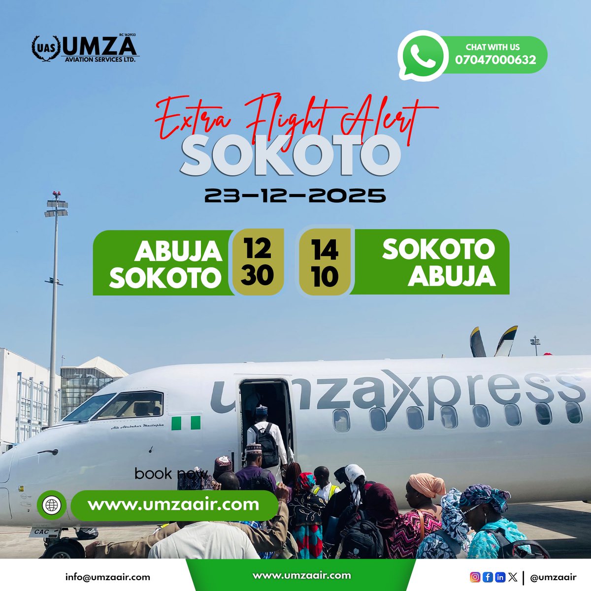 UmzaAir's tweet photo. Great news! ✈️

Approval has been granted for an additional Umza Air flight on the Abuja–Sokoto–Abuja route tomorrow, 23rd Dec, to meet festive travel demand.

More seats, more convenience, smoother journeys this season.

#UmzaAir #Abuja #Sokoto #FestiveTravel https://t.co/1I93IXCvgo