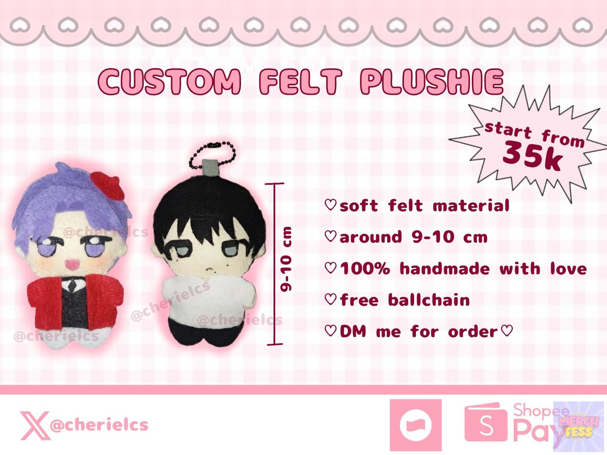merch_fess's tweet image. *sellmerch
Haloo, aku lagi open custom felt plushie nichh, kamu bisa bikin ur mini husbu atau oc mu! 🤏🏻 if you're interested, drop ur usn yaa! 😋