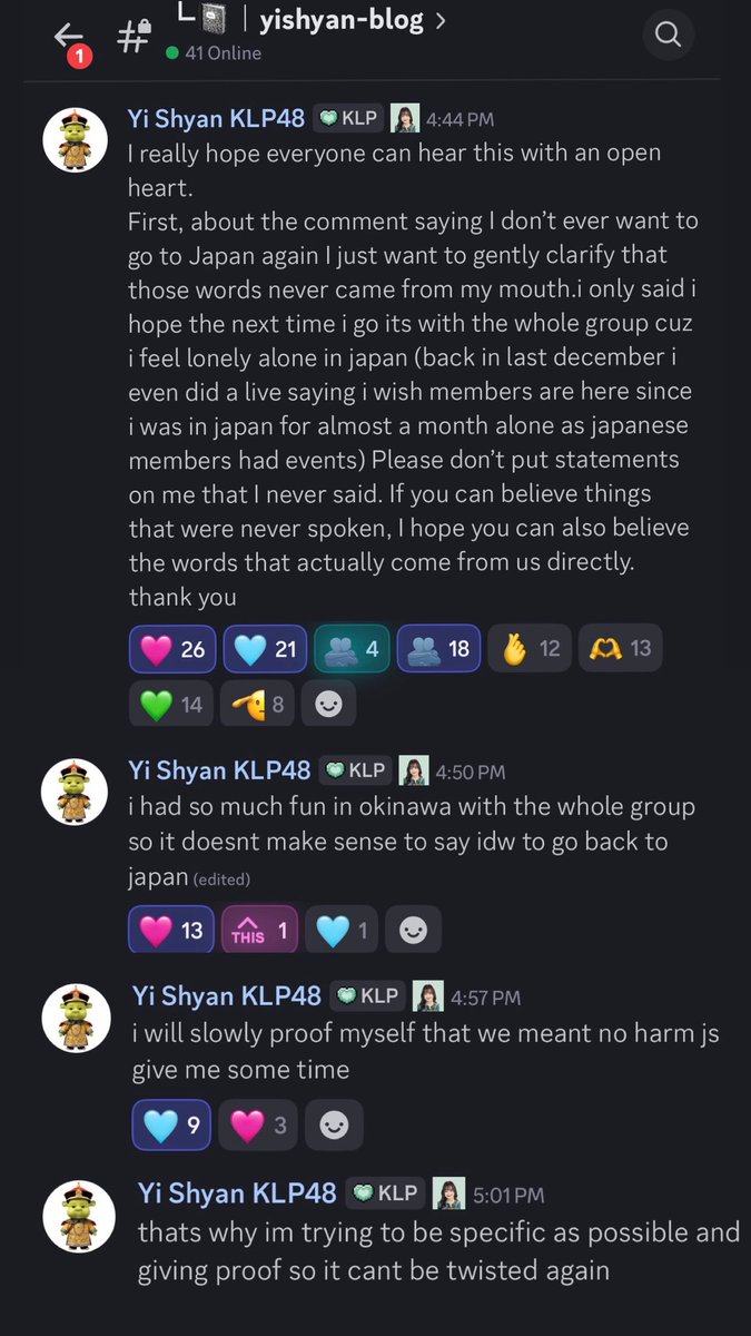 Klarifikasi <a href="/Yishyan_klp48/">yi shyan ⋅˚₊‧ 𐙚 ‧₊˚ •</a> di Discord #KLP48 mengenai pergi ke Jepun yang diterjemahkan di dalam Bahasa Malaysia:

- Saya sangat berharap semua orang dapat mendengar ini dengan hati yang terbuka.
Pertama, mengenai komen yang mengatakan saya tidak mahu pergi ke Jepun lagi, saya