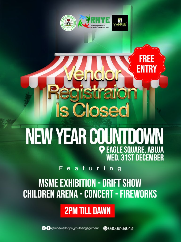 VENDORS REGISTRATION IS NOW CLOSED

December 31st is about to be EPIC! Bring your energy, bring your friends.

FREE ENTRY for all! Don’t miss out! Let’s welcome the New Year in style!

#NewYear
#NewYear2026
#RenewedHopeYouthEngagement