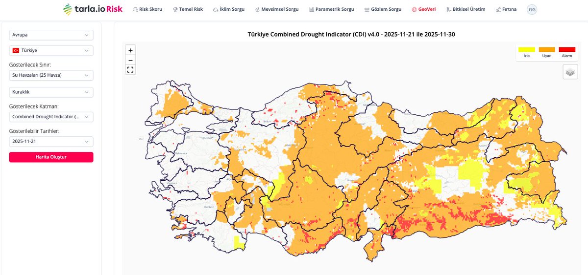 🇹🇷 tarla.io Risk modülü üzerinden elde edilen 21-30 Kasım 2025 tarihli "Bileşik Kuraklık Endeksi (CDI)" verileri, ülkemizin su havzalarında tarımsal üretim açısından dikkat çekici bir tablo ortaya koyuyor. 

🗺️ Havza Bazlı Durum Analizi:

🔴 1. Alarm Seviyesi