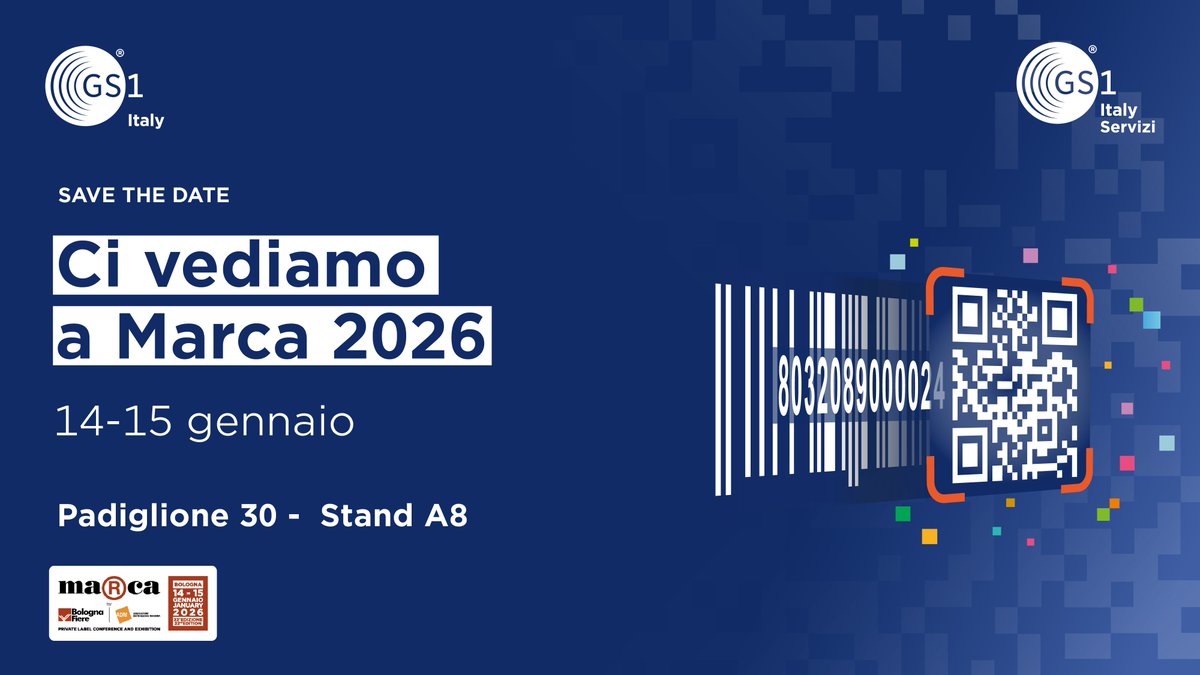 GS1italy's tweet photo. Il 2025 si avvia alla conclusione ma noi ci stiamo già preparando ai primi appuntamenti del 2026 🤩 Il 14 e 15 gennaio il team di #GS1Italy e #GS1ItalyServizi sarà a MARCA by BolognaFiere &amp; ADM – PAD 30, Stand A8 🚀

Scopri gli appuntamenti 👉🏼 https://t.co/OVYAukgXmy https://t.co/pFM18DgW8X