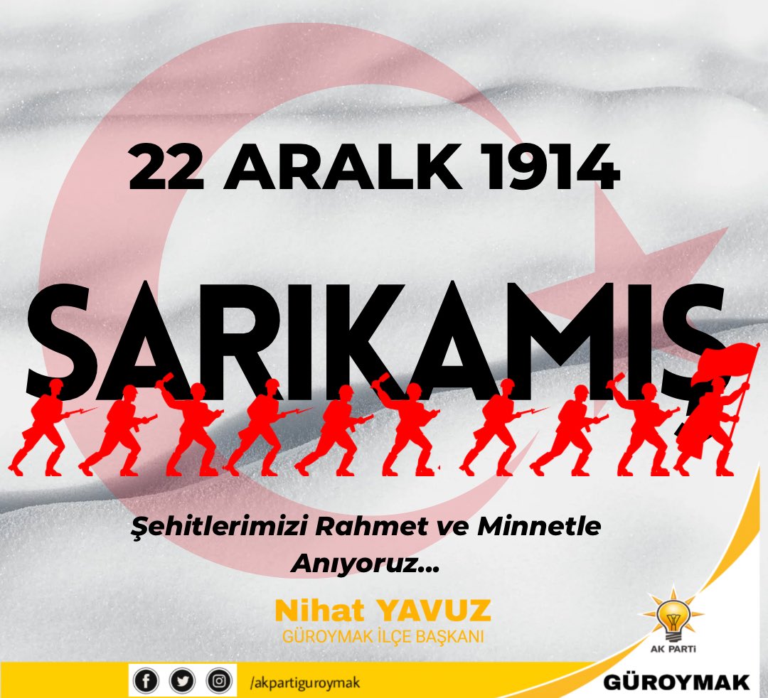 22 Aralık 1914’te Sarıkamış’ta, vatan uğruna canlarını feda eden aziz şehitlerimizi rahmet, minnet ve saygıyla anıyoruz.
#sarıkamıssehitleri