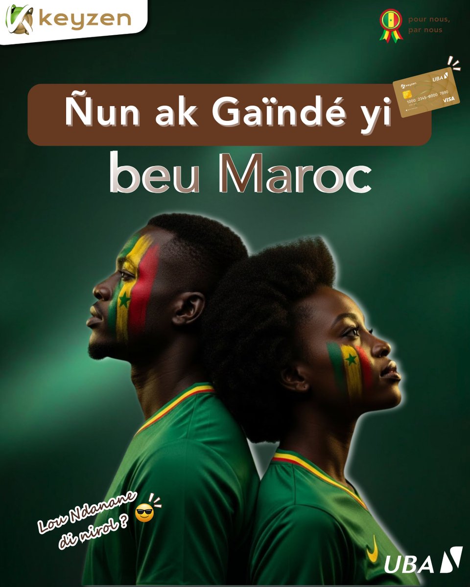 KeyzenSn's tweet photo. Wawaw Ñun ak Gaïndé yi beu Maroc😎
Tous ensemble.
Jusqu’au bout. 🦁⚽
#CAN #Keyzen #visa #uba https://t.co/mOAQf0JQUN