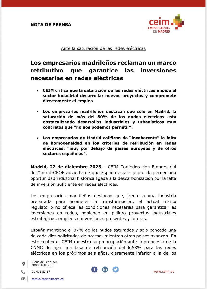 _CEIM_'s tweet photo. 🔴 #ComunicadoCEIM | Ante la saturación de las redes eléctricas, los empresarios madrileños reclaman un marco retributivo que garantice las inversiones necesarias en #RedesEléctricas.

➡️ Desde @_CEIM_ criticamos que la saturación de las redes eléctricas impide al sector industrial desarrollar nuevos proyectos y compromete directamente el #empleo.