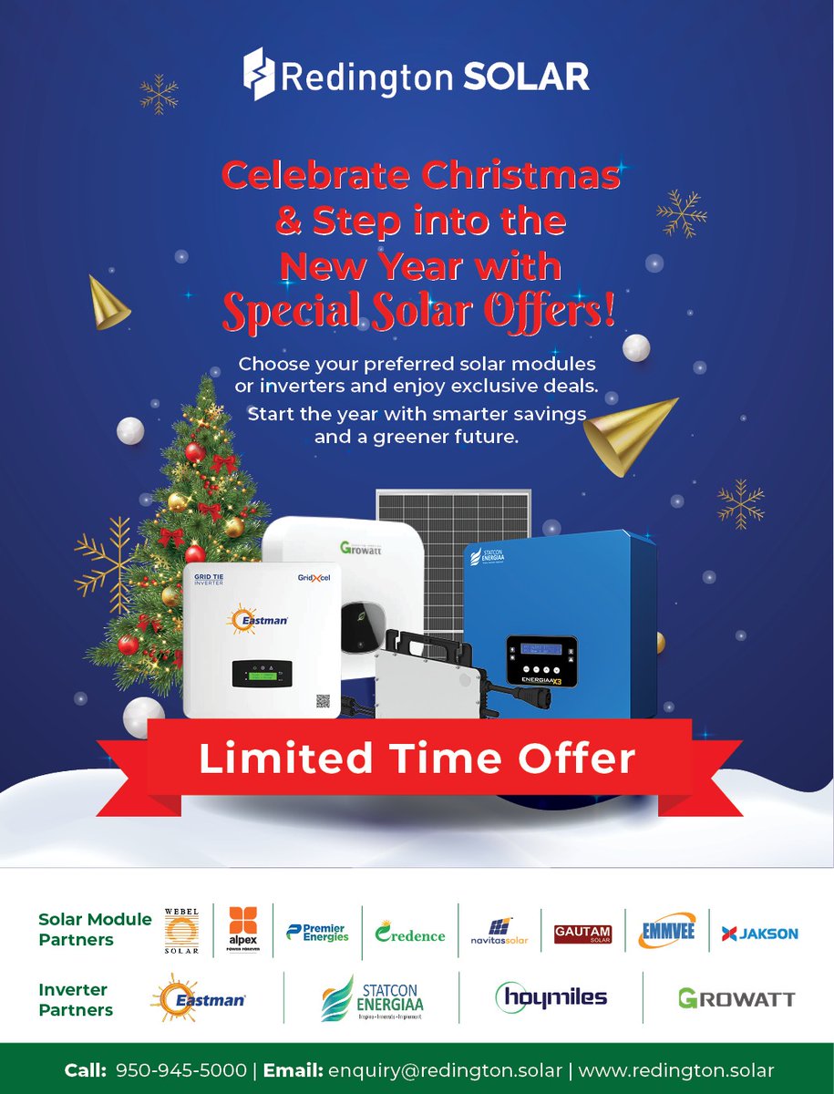 Redington_solar's tweet image. Close the year strong and step into the new one with special solar offers from Redington Solar.
Exclusive year-end &amp;amp; New Year deals across leading solar module and inverter brands.
Limited-time offers. Let’s power 2025 together.

#RedingtonSolar #YearEndOffers #NewYearoffers