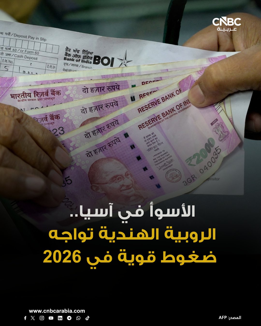 غياب التقدم في اتفاق التجارة بين أميركا والهند، إلى جانب استمرار خروج الاستثمارات الأجنبية، أثر سلباً على الروبية الهندية هذا العام، ما جعلها أسوأ العملات أداءً في آسيا. عملة خامس أكبر اقتصاد في العالم من المتوقع أن تنخفض إلى مستوى 92 روبية مقابل الدولار بحلول نهاية مارس آذار، بحسب التوقعات. أي تحسّن محتمل سيعتمد بدرجة كبيرة على التوصل إلى اتفاق تجاري مع أميركا.. وجرى تداول الروبية مؤخراً عند مستوى 89.6 مقابل الدولار 