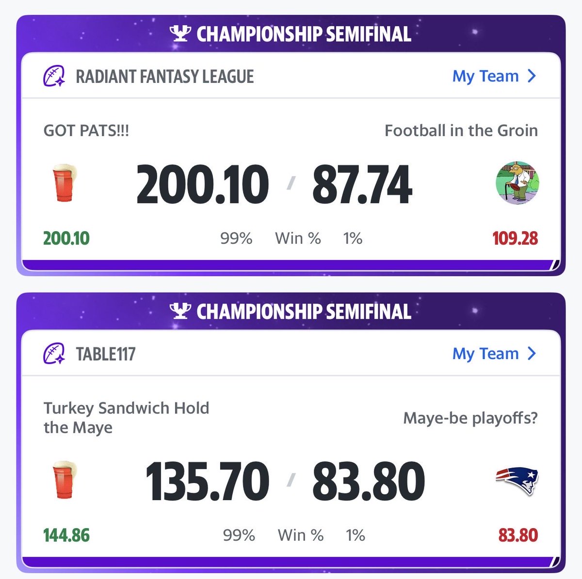 Huge thank you to #ffhappyhour and the boys <a href="/ConnorJRogers/">Connor Rogers</a> <a href="/croucherJD/">Jay Croucher</a> and of course <a href="/MatthewBerryTMR/">Matthew Berry</a> for getting both of my teams in the final. Keep up the good work! 💪🏻