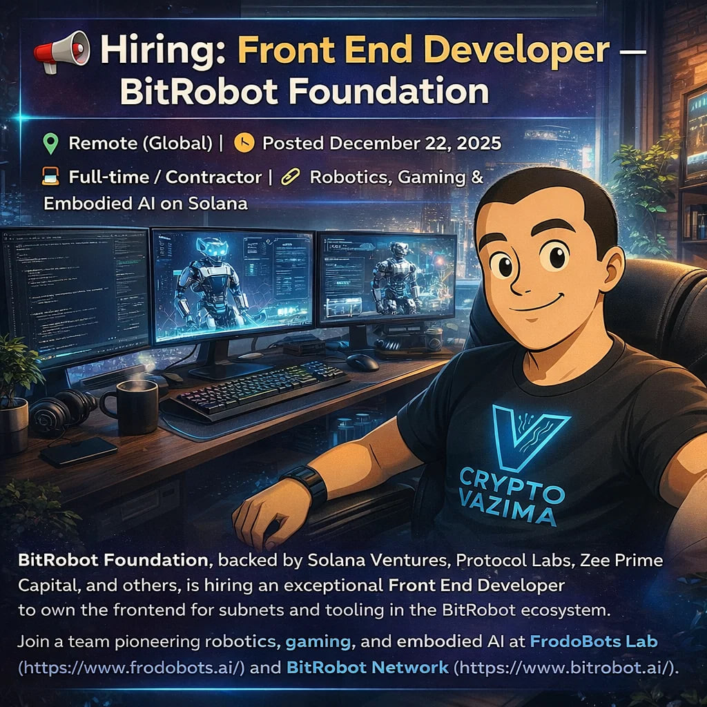 📢 Hiring: Front End Developer — BitRobot Foundation 📍 Remote | 💼  Full-time / Contractor | 🧑‍💻 Frontend (React, Tailwind) on Solana  BitRobot Foundation is building the future of robotics and embodied