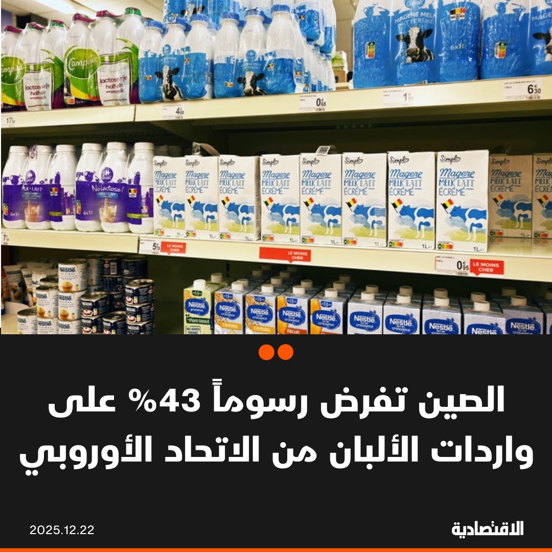 تعتزم الصين فرض رسوم جمركية تصل إلى 43% على بعض منتجات الألبان الأوروبية بعد إجراء تحقيق بشأن تلقيها الدعم، في أحدث خطوة ضمن نزاع تجاري متبادل، ووفقا لـ "بلومبرغ". الاتحاد الأوروبي يقر رسوماً حتى 45% على السيارات الكهربائية الصينية. في التعليقات 