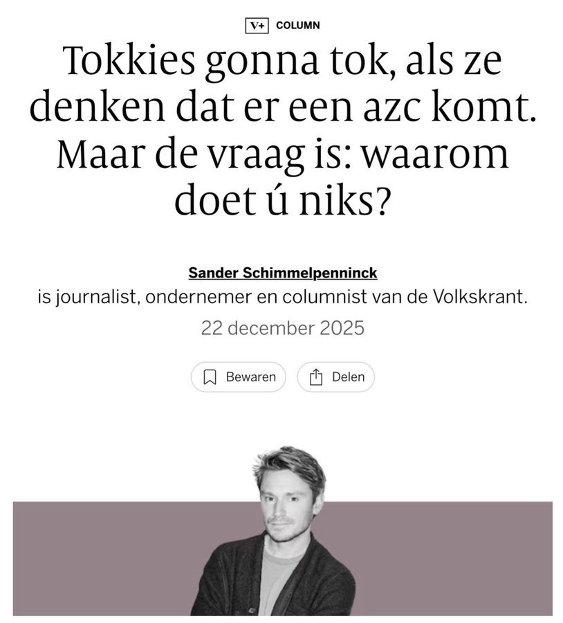 Sander Schimmelpenninck 

‘Goedemorgen. De zoveelste knieval voor de extreemrechtse cult, de allesverzengende verstandsverbijstering die via onze schermen de simpelen van geest betovert en hun cultuur inmiddels definieert. 

In Wouw ontstond afgelogen week onrust over de komst