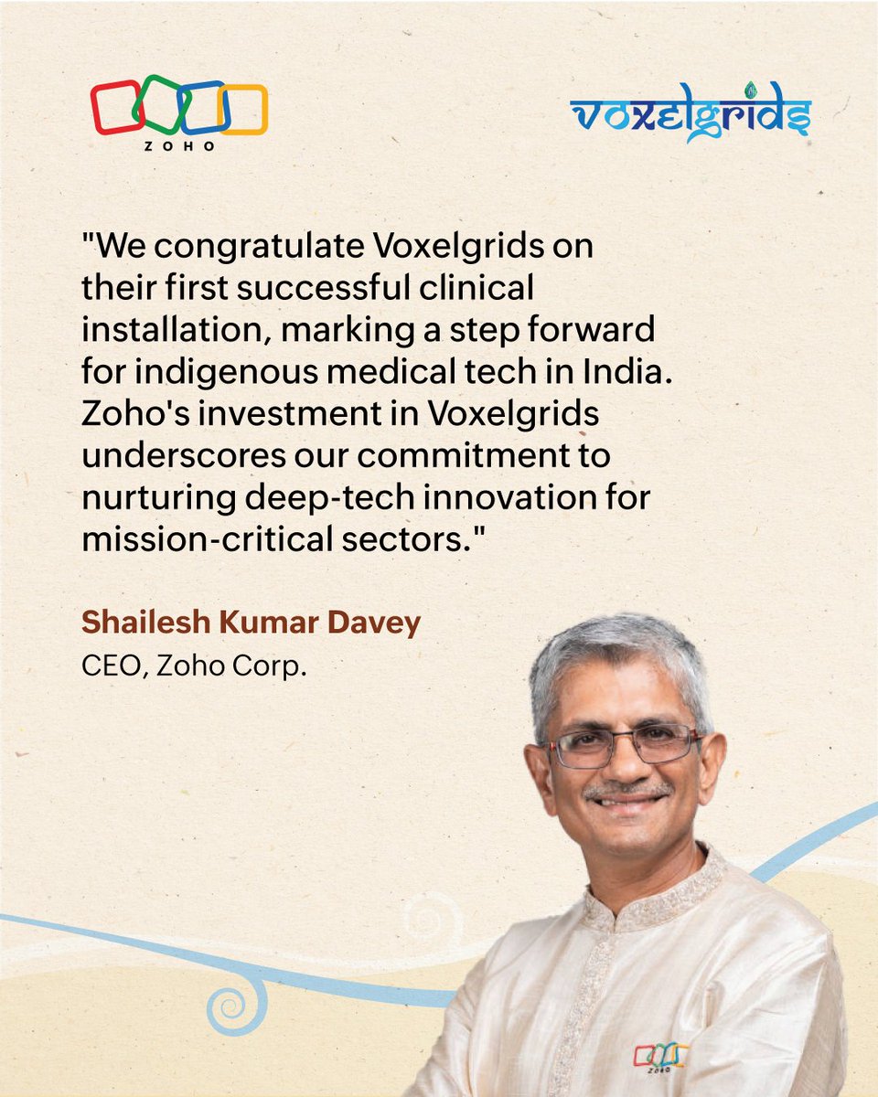 Zoho's tweet image. Voxelgrids marks a significant milestone with its first successful clinical installation, advancing homegrown medical technology in India.
 
Through our investment, we’re proud to support the deployment of India’s first indigenous MRI scanners at Chandrapur Cancer Hospital on…