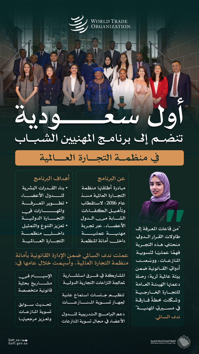 تمكين الكفاءات الوطنية مسارٌ نلتزم به، ونؤمن بأثره عالميًا! 🇸🇦

ندى السالمي تسجّل إنجازًا وطنيًا كأول سعودية تلتحق ببرنامج المهنيين الشباب في منظمة التجارة العالمية؛ ضمن مسار تتبنّاه هيئة #التجارة_الخارجية لبناء كفاءات قادرة على تمثيل الوطن في أهم منصات صناعة القرار الدولي.