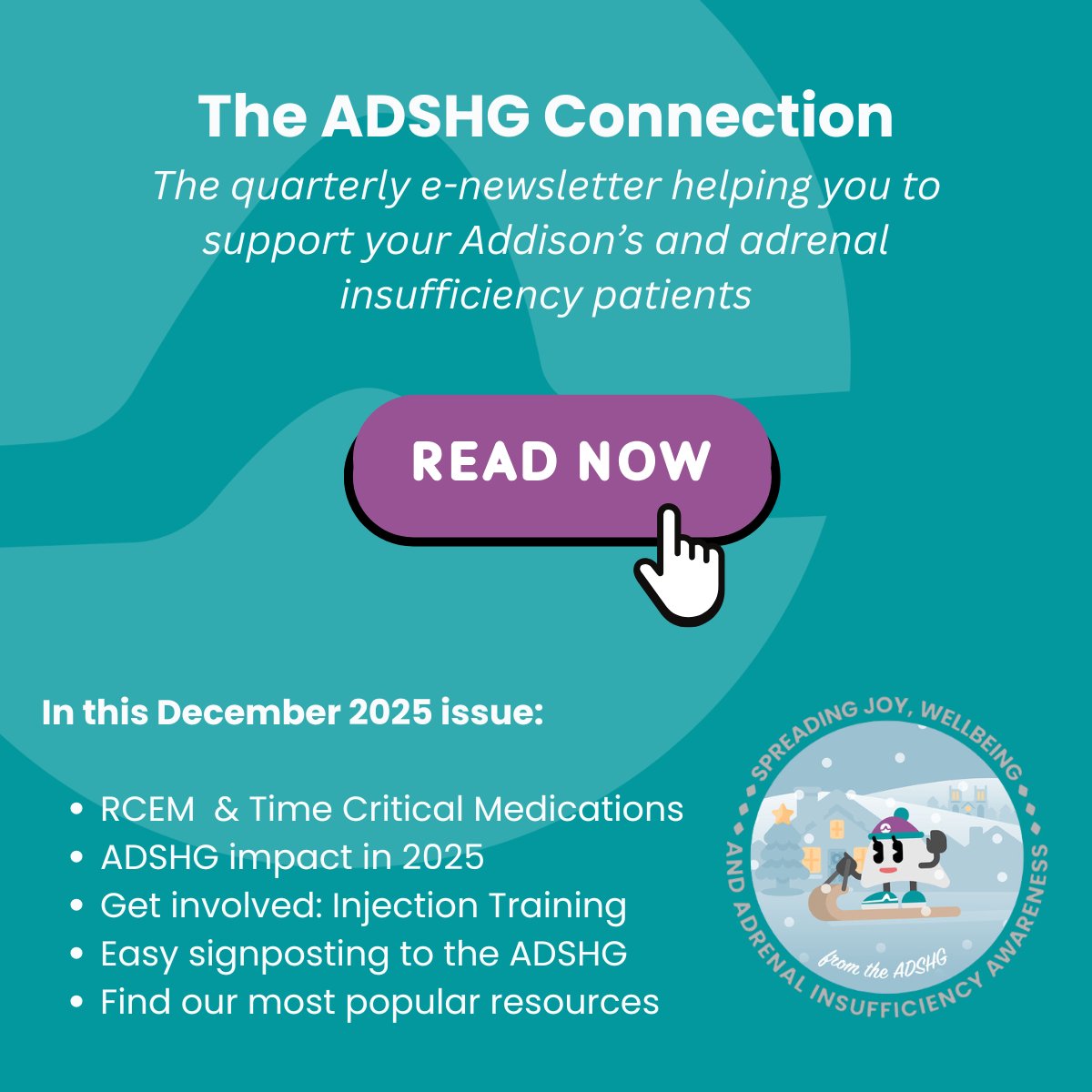 AddisonsUK's tweet photo. The ADSHG Connection, our newsletter for healthcare professionals, is out!

🚑 @RCollEM &amp; Time Critical Meds
📊 Our impact
🎯 Focus for 2026 &amp; how to help
🔗 Easy patient signposting

Read online ➡️ https://t.co/b8pk4kdkWU | Please share to spread the word! #AdrenalInsufficiency https://t.co/BQ9SmibhQx