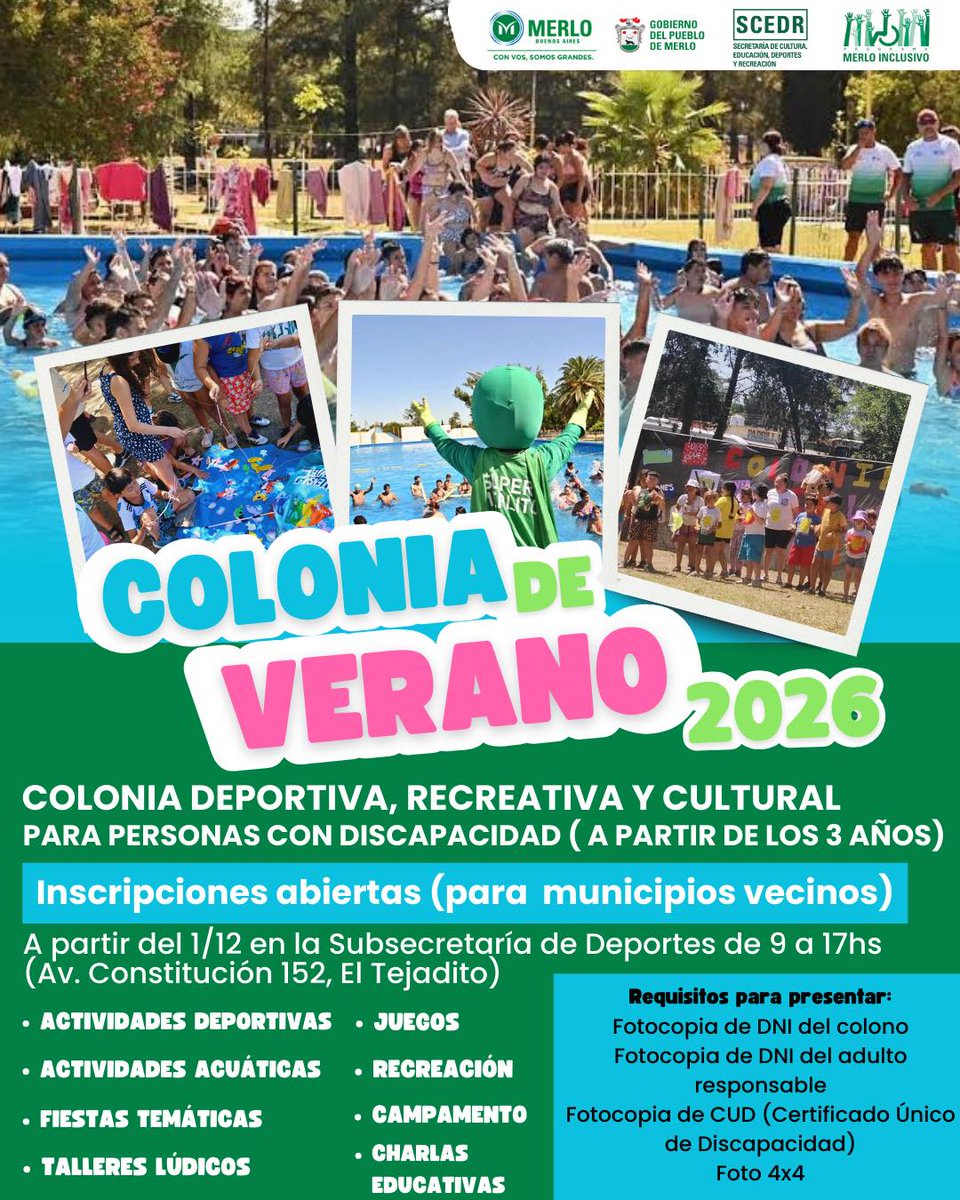 MerloGob's tweet photo. Colonia de Verano ☀️ #MerloInclusivo
🔹Inscribite a la colonia deportiva, recreativa y cultural para personas con discapacidad. Hasta 23/12
📍El Tejadito, Av. Constitución 152
🕘De 09 a 17 hs
📧Email: programamerloinclusivo@gmail.com 
ℹ️Más info: https://t.co/WAFKCoL3T5
#MerloGob https://t.co/jpGoFeb9ke