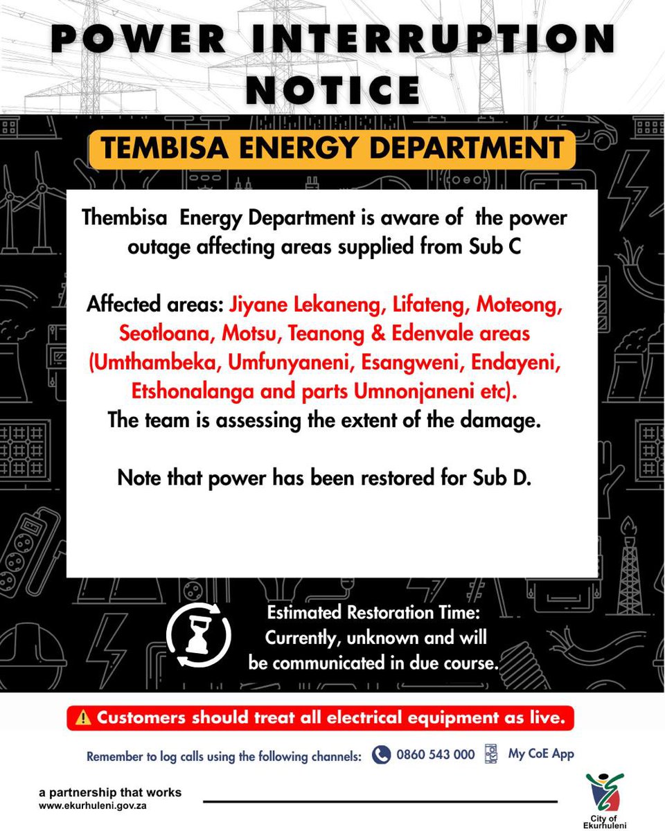 Sanibonani bahlali base Kempton Park nase Tembisa. Please take note of the following power interruption for the areas listed below.

#COEPower #COEWorks
