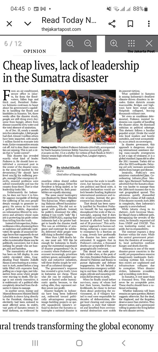 Prabowo seems unable to feel the suffering of people deeply enough to generate urgency or care. He appears to live inside a bubble, fed with stories by aides whose job seems to be protecting his pride than telling the truth.

Jakarta Post X Omong-Omong:
omong-omong.com/editorial-chea…