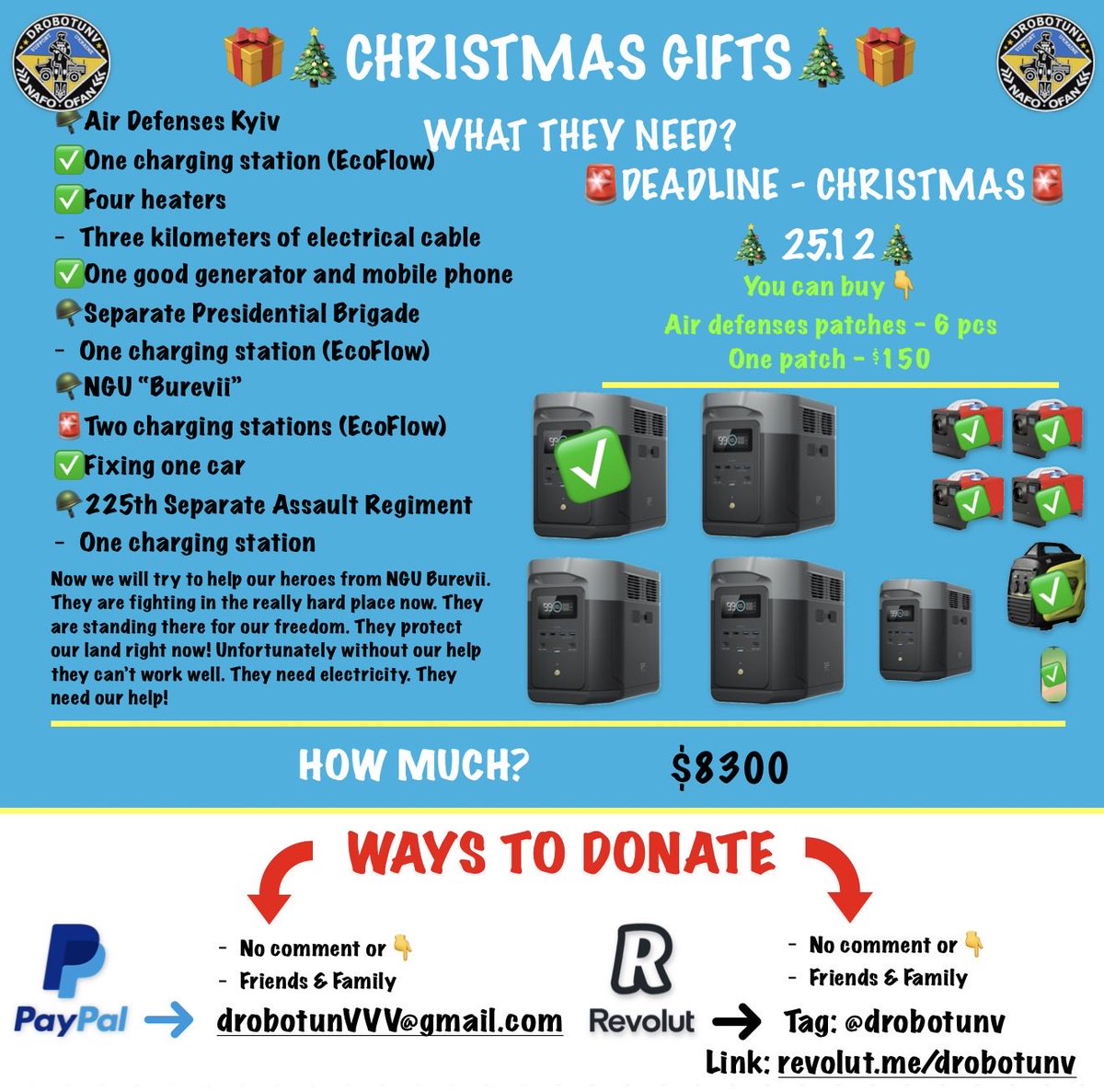🚨UPDATE | 22.12 LAST DAY

Unfortunately today is our deadline for this. Please help if you can. NGU is waiting for charging stations. They need our support right now

✅Raised: $5483
🚨To go for NGU by TODAY: $1017

🎯Goal: $2817

🚨Ways to support in my profile and pinned post!