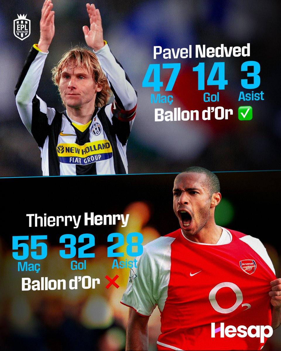EPL_Gunlukleri's tweet image. ⚫️🔴 Pavel Nedved ve Thierry Henry’nin 2002/03 sezonundaki istatistikleri: 👀