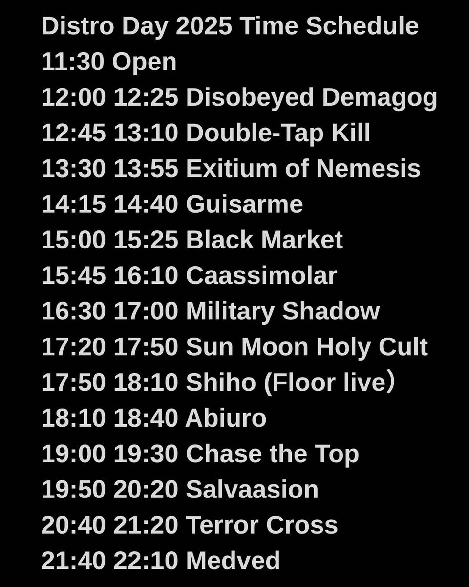 MEDVED年内ラストはこちらです！！

Distro Day Year End Special 2025
2025年12月29日(月)
東京小岩Bushbash

Open 11:30 Start 12:00
当日券のみ ¥3400 (+1Drink fee)
開場 11:30 開演 12:00