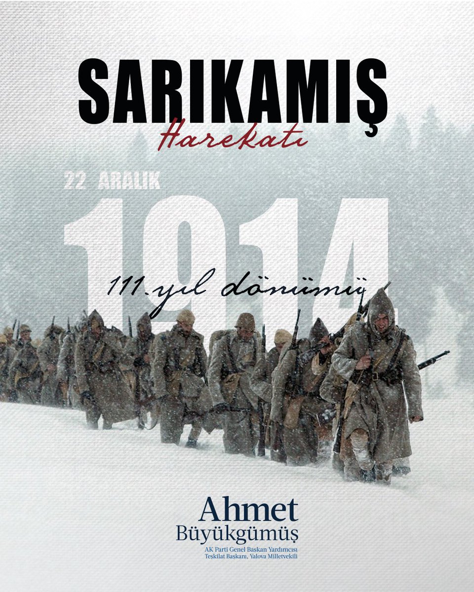Sarıkamış Harekâtı’nın 111. yıl dönümünde; vatan uğruna canlarını feda eden kahraman Mehmetçiklerimizi rahmet, minnet ve hürmetle anıyoruz.

İnancın, fedakârlığın ve millet sevgisinin destana dönüştüğü Sarıkamış, tarihimizin en ağır ama en onurlu imtihanlarından biridir.

Aziz