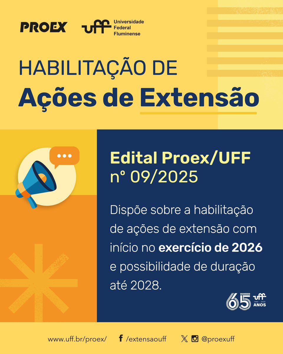 proexuff's tweet image. A Proex-UFF lançou o edital de Fomento a Ações de Extensão para 2026.
Acesse o edital completo pelo link: editais.uff.br/10528